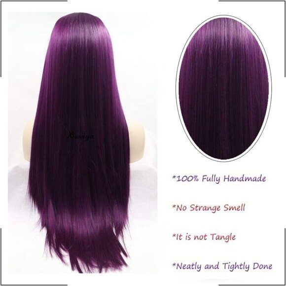 Women Wig Long Silky Straight Bright Purple Free Part Wig for  daily use trendy - Picture 5 of 7